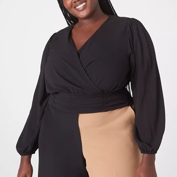 LANE BRYANT Top Plus Size 30/32 Black Crisscross Blouse Cropped Elastic Hem NWT - Picture 2 of 11